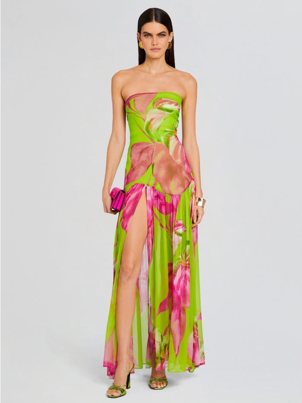 Retrofete Marisol Silk Dress Maxi Strapless Side Slit Tropical Sheer Floral